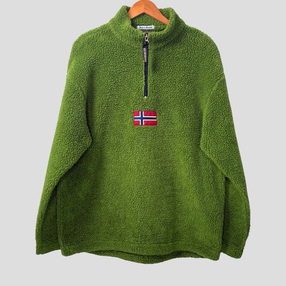 Napapijri Geographic Sherpa Fleece Pullover XL Moss Green Norway Flag Patch - Picture 1 of 15